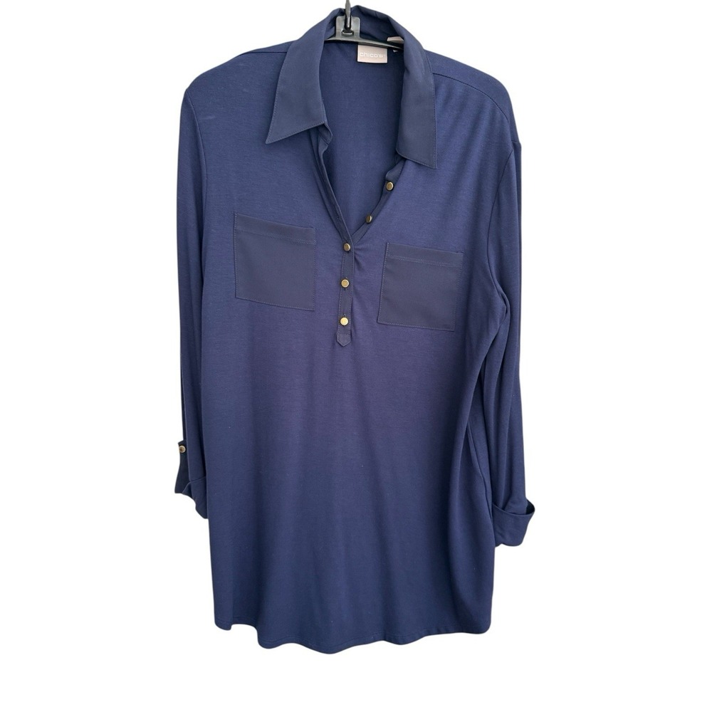 CHICO'S Women's Tunic Top Sz 4-6(Chicos Size O) Purple Long Slvs Roll Tab Option